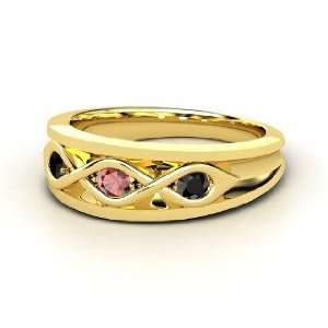  Triple Twist Ring, 14K Yellow Gold Ring with Red Garnet 