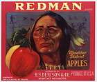REDMAN Vintage Wenatchee Apple Crate Label Indian, red