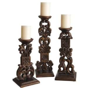    Set of 3 Carved Wooden Scroll Pillar Candle Holders