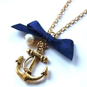 ANCHOR necklace kitsch vintage nautical bow pearl gold silver blue 