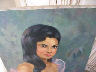   OLD Vintage PORTRAIT OIL PAINTING Woman PINK DRESS Canvas Signed WOW