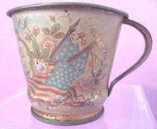 Vintage Child Tin CUP & Saucer Spanish American War Motif Boat Flag 