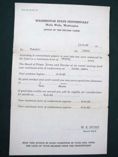 Walla Walla Prison 1940s Murderers Parole Documents  