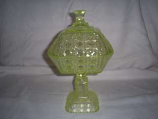 Early Pressed Glass Valencia Waffle Vaseline Covered Footed Compote 