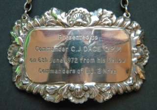Vander Solid Sterling Silver Decanter Label Presented to C.J.Dace 
