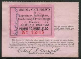 Virginia Hunting License with 1963 64 State Forests Hunting Stamp RARE 