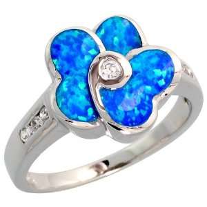 Sterling Silver, Synthetic Opal Inlay Flower Ring, w/ Brilliant Cut CZ 