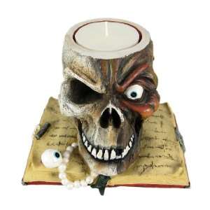  GHOULS NIGHT Rotting Skull On Book Candle Holder