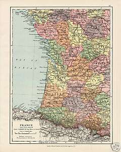 Beautiful 1920 Map of Western France, Bordeaux, Andorra  