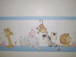 Baby Animals on White with Blue Childs Room Border  