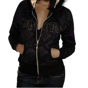  WOMENS UNIT KARMA HOODIE ZIP UP HOODIE BLACK AND GOLD 