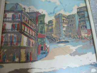 Pair Vintage Mid Century Paris Street Scene Silkscreen Prints 12x12 