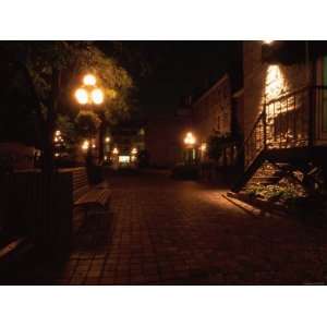 City Sidewalk at Night, Park Benches and Cobblestone in Ottawa 
