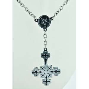 Rosary Style Inverted Pentagram Cross Necklace Black Metal Horror 