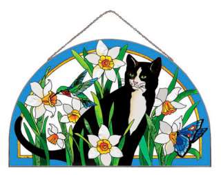 DAFFODILS & BLACK CAT * 16x10 GLASS SUNCATCHER PANEL  