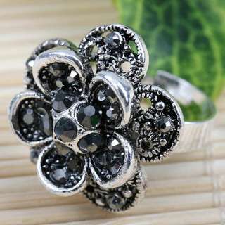 Black Crystal Jasmine Flower Adjustable Gift Ring U7