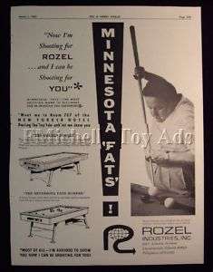 1965 Minnesota Fats Rozel Pool Tables Trade Ad  