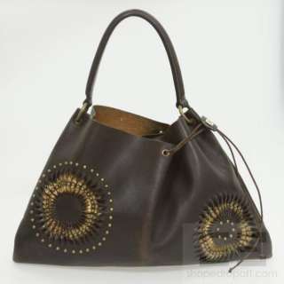   Dark Brown Leather & Metallic Gold Twisted Cutout Shoulder Bag  