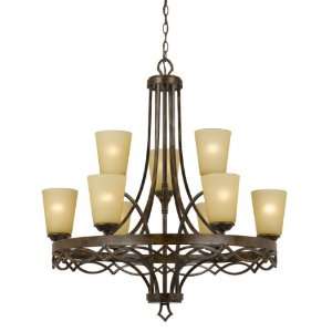   Light Chandelier, Bronze with Gold Trim Finish and Indian Scavo Glass