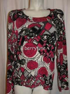 BFS04~CHICOS travelers Size 2/L Pink Gray Black Scoop Neck LS Blouse 