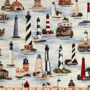 44 Wide Bayshore Collection Lighthouses Pacific Blue Fabric By The 
