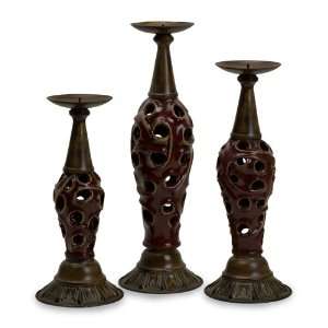   of 3 Elaborate Dynasty Ceramic & Metal Candle Holders