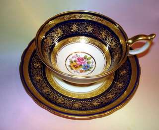 Raised Gold & Cobalt Floral Signed Aynsley Tea Cup and Saucer Set 