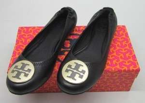 New Tory Reva Black Gold Logo Ballet Flats Shoes Burch Size US7 8 9 
