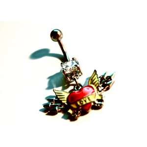  14g Dangle Belly Ring with CZ Gem   Love with Heart and 
