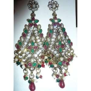  ANTQ/VNTG Gold Kundan Indian Dangle Chandelier Earrings 