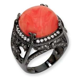 Ster Silver Rhodium Plated CZ & Coral Fashion Ring Sz 8 