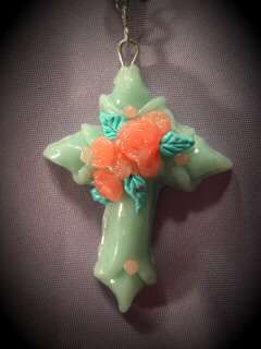 Faux Jade Floral Gothic Cross made from polymer clay