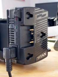Dionic 90 battery mounted on the Titan 70 charger/power supply, both 