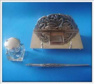 Vtg Sterling SILVER Swan Inkwell + Dip Pen + Stand  