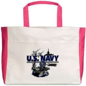   Tote Fuchsia US Navy with Aircraft Carrier Planes Submarine and Emblem