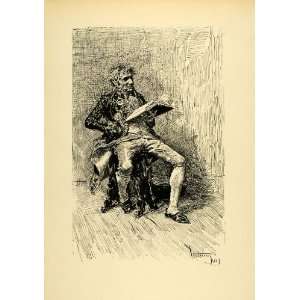 1920 Wood Engraving Mariano Fortuny Sketch Art Man Reading 
