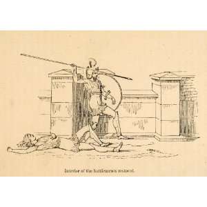  1871 Woodcut Soldier Battlements Tower Spear Armor Shield 