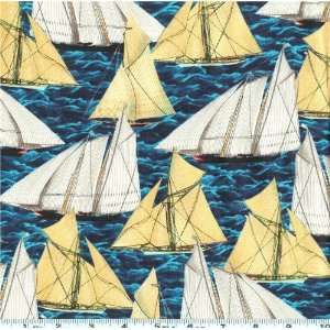  45 Wide Currier & Ives Sailing Ships Navy Fabric By The 