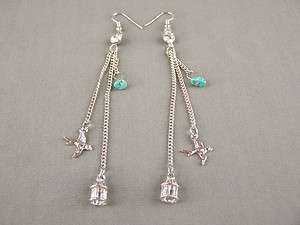 Turquoise sparrow bird cage chain long dangle earrings  