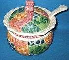 Quilted Pattern Ceramic Green Red Yellow Tureen & Ladle