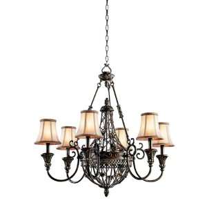   Chandelier, Terrene Bronze with Golden Camel Tone On Tone Fabric Shade