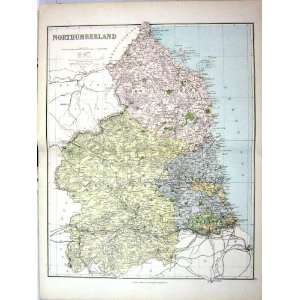  Philip Antique Map England 1885 Northumberland Newcastle 