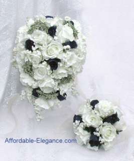 NAVY BLUE Cream White SILK Wedding Set ROSES Bouquets  