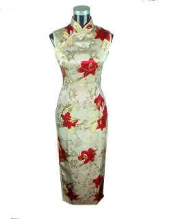 100% silk Chinese womens dress Cheongsam Beige size S 2XL  