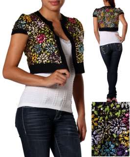 Blk multi Color Bolero Sweater w/embroidery & Sequins w/blk trim. Sm 