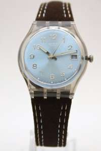   Swatch Women Blue Choco Brown Suede Leather Band Watch Date 35mm GM415