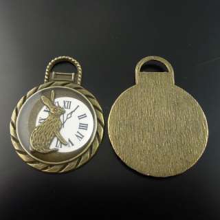 Atq bronze look round charm rabbits clock pendant 6pcs  