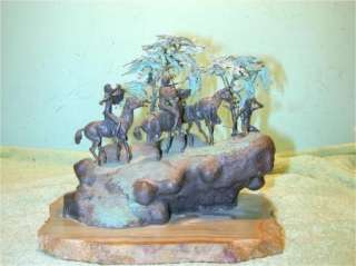 Bronze Statue Indian Scouting Party Under Trees Cliff Edge Ronl  