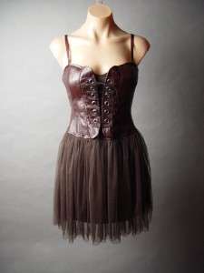 BROWN Faux Leather Corset Bustier Steampunk Medieval Warrior Tulle fp 