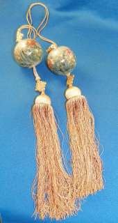 Pair of Chinese Scroll Weights Reverse Painted Glass with Tassels 20th 